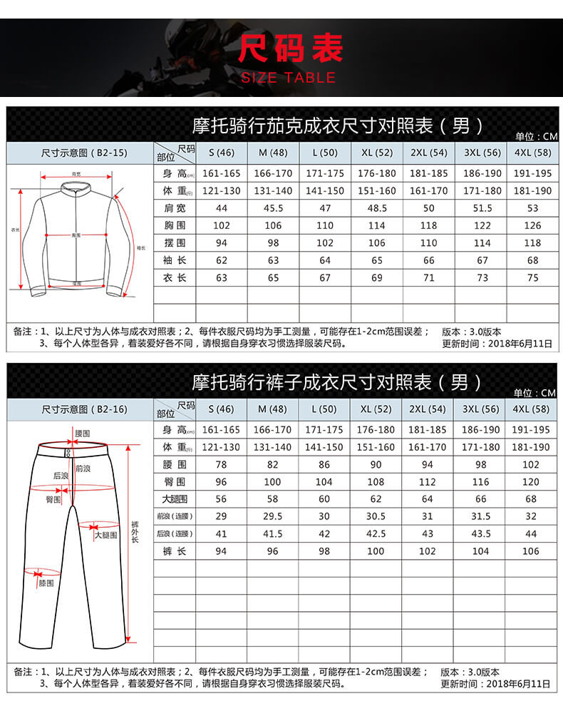 摩托車騎行啥上衣夾克尺寸表